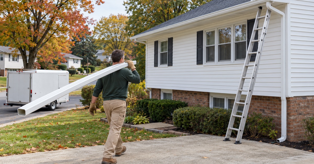 A gutter installer carrying a new downspout length on his shoulder up the driveway of a Middletown Township split-level.
