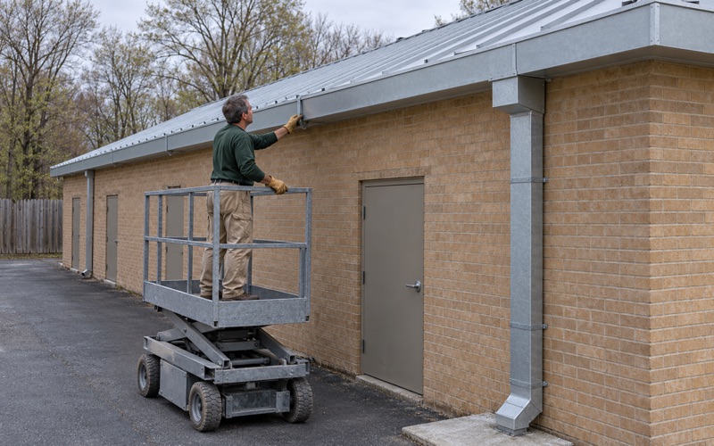 A heavy steel strap being fastened under the box gutter of a one-story retail building on a highway in Middletown Township.