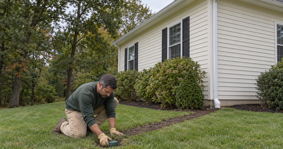 A pop-up emitter being set in the lawn at the end of a buried downspout line at a Middletown Township house.