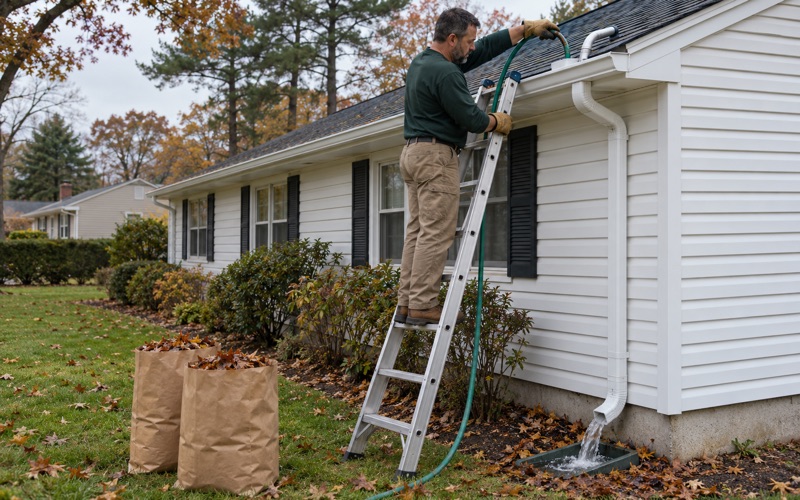 A garden hose being run into a gutter outlet to flush the downspout on a Middletown Township ranch, bagged debris at the ladder's foot.