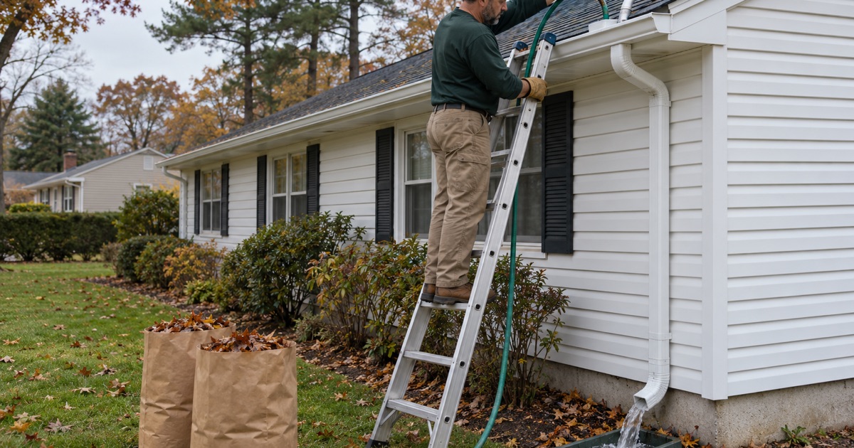 A garden hose being run into a gutter outlet to flush the downspout on a Middletown Township ranch, bagged debris at the ladder’s foot.