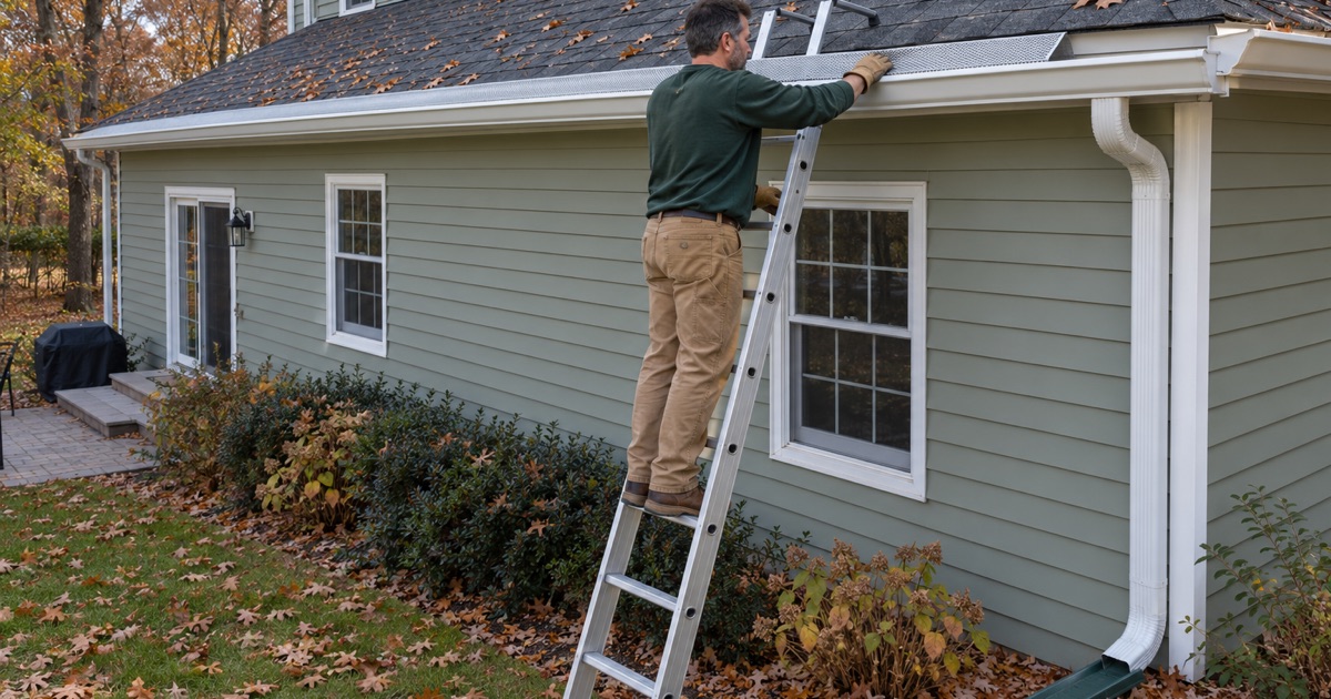 A micro-mesh gutter guard being pressed into place with its back edge under the shingles on an oak-shaded Middletown Township house.