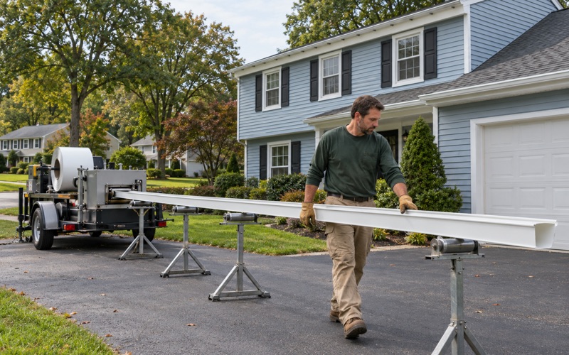 A new seamless gutter running out of a forming machine onto roller stands in the driveway of a Middletown Township colonial.