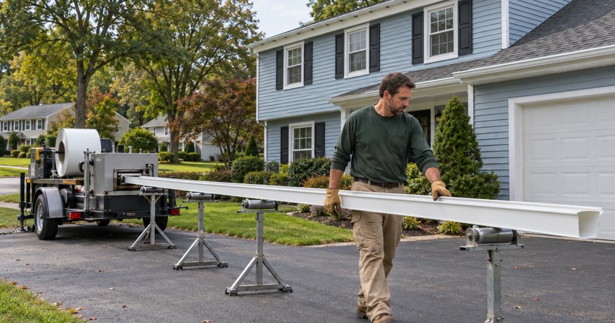 A new seamless gutter running out of a forming machine onto roller stands in the driveway of a Middletown Township colonial.