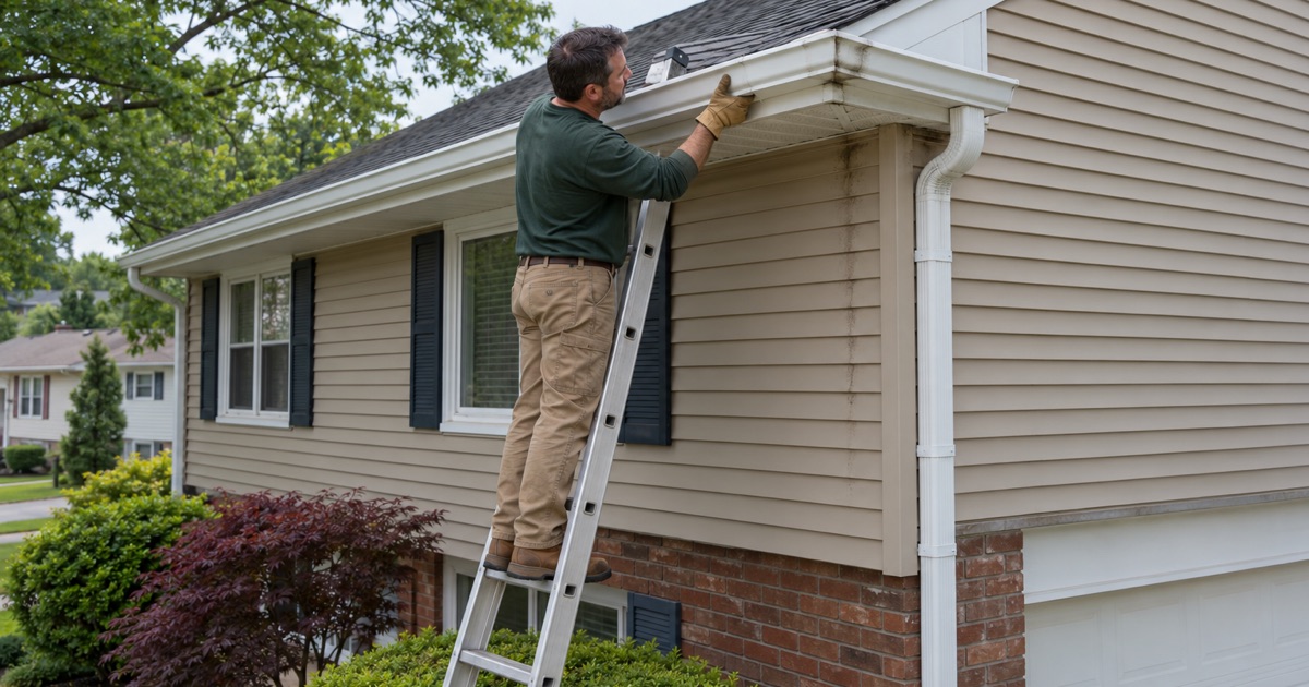 A strip miter being pressed over a leaking gutter corner on a Middletown Township split-level.