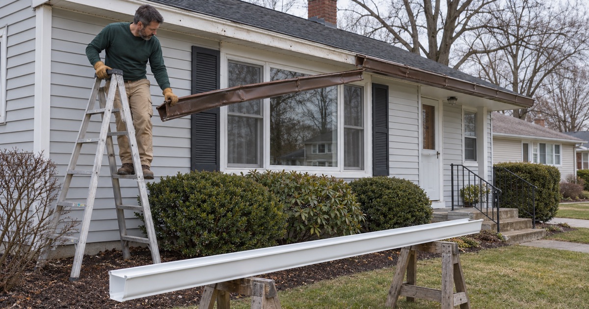 An old spiked gutter being lowered off a Middletown Township ranch while its seamless replacement waits on sawhorses.