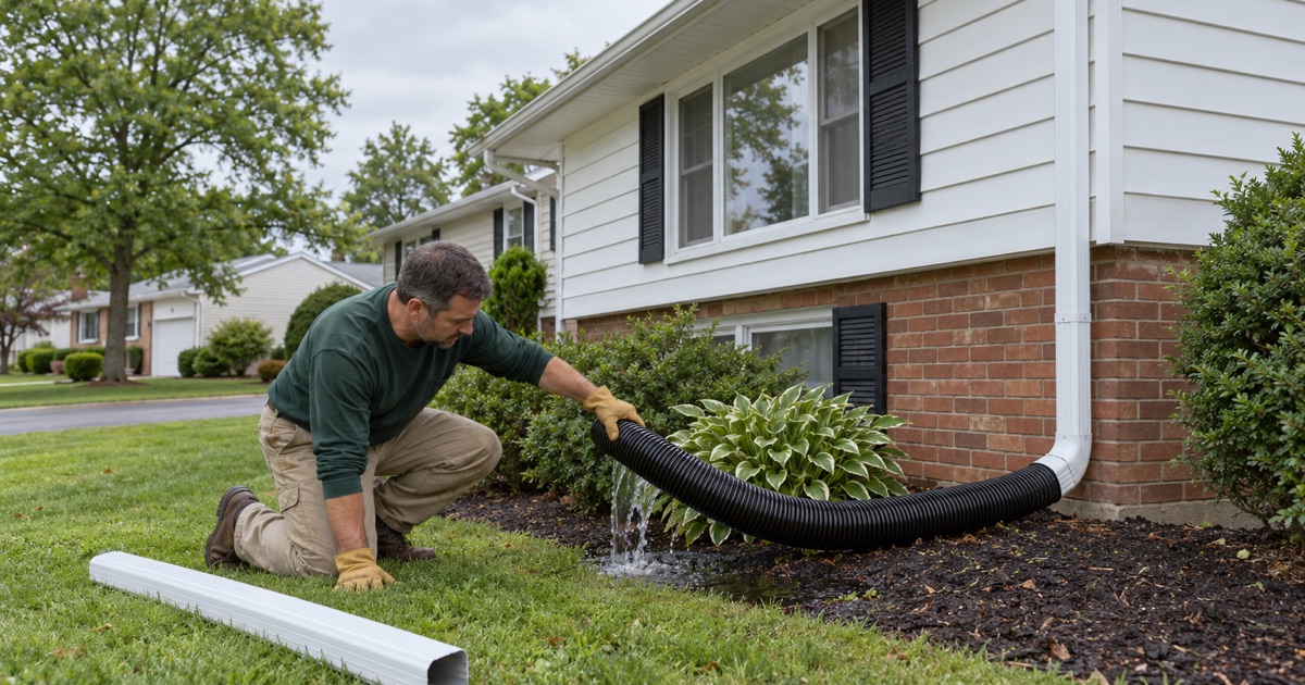 A sagging flexible downspout extension that holds water being lifted away before a sale at an Aberdeen split-level.