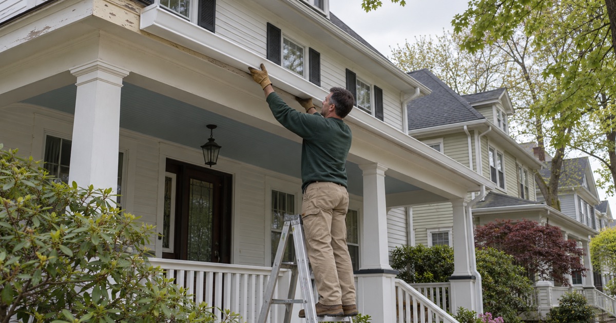 A new porch roof gutter being lifted into place on an older porch-fronted house in Asbury Park