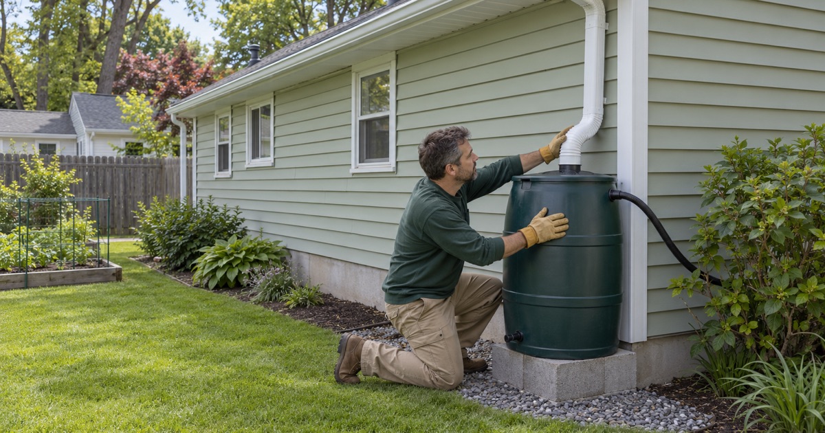 A downspout being connected to a rain barrel on a block stand beside a 1950s ranch in Clark.