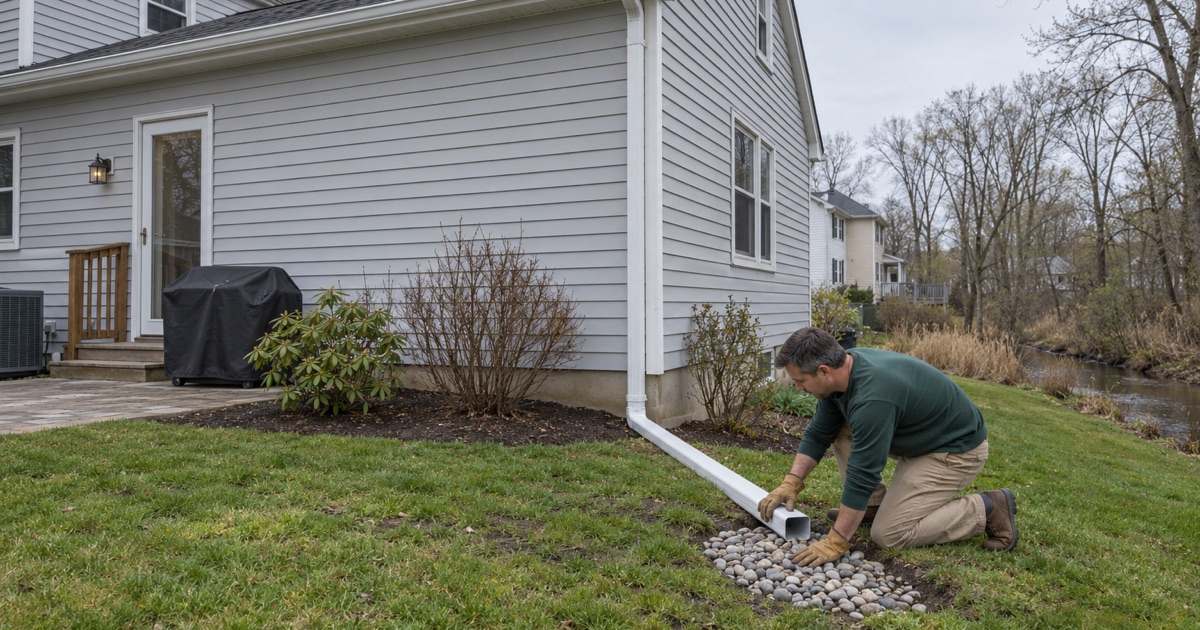 A downspout extension ending on a stone bed on low ground near a tidal creek in East Rutherford