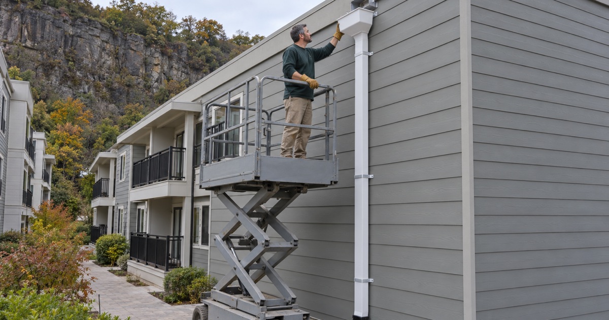 A conductor head being fitted under a roof scupper on a condominium townhouse building below the Palisades in Edgewater.