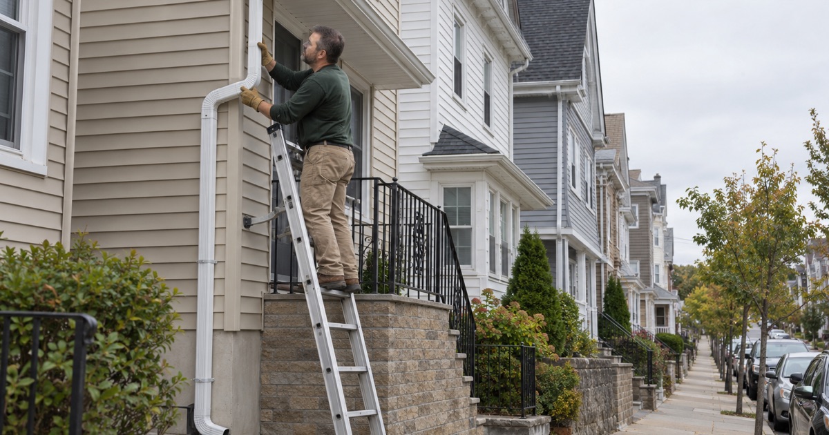 A leader offset fitted around a stoop on an attached two-family house in Guttenberg