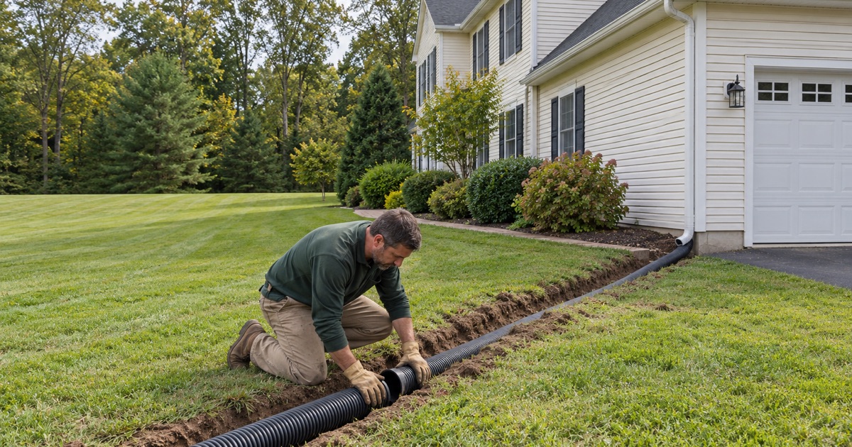A buried leader line being joined so downspout water runs away from the septic field on a four-acre Holmdel lot.