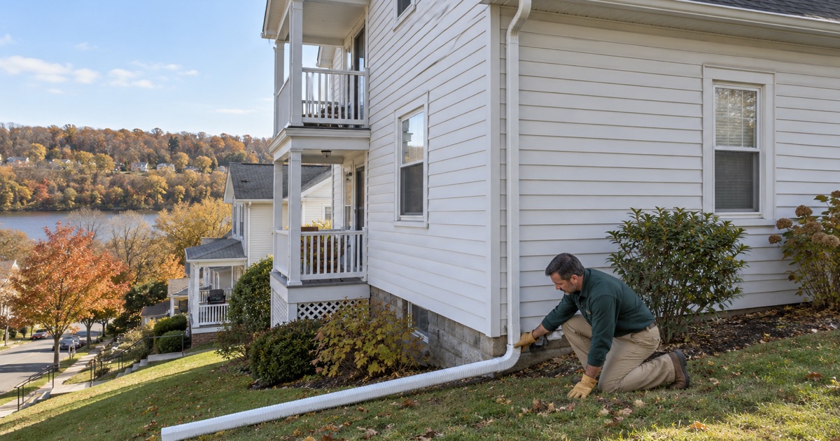 A downspout elbow being turned so leader water crosses the lawn instead of running downhill on a North Arlington two-family house.