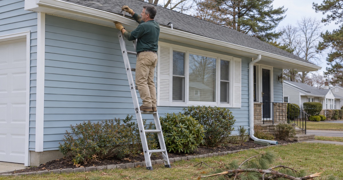 A bent gutter hanger being drawn out of a Point Pleasant ranch’s gutter during a spring check after the winter’s blizzard.