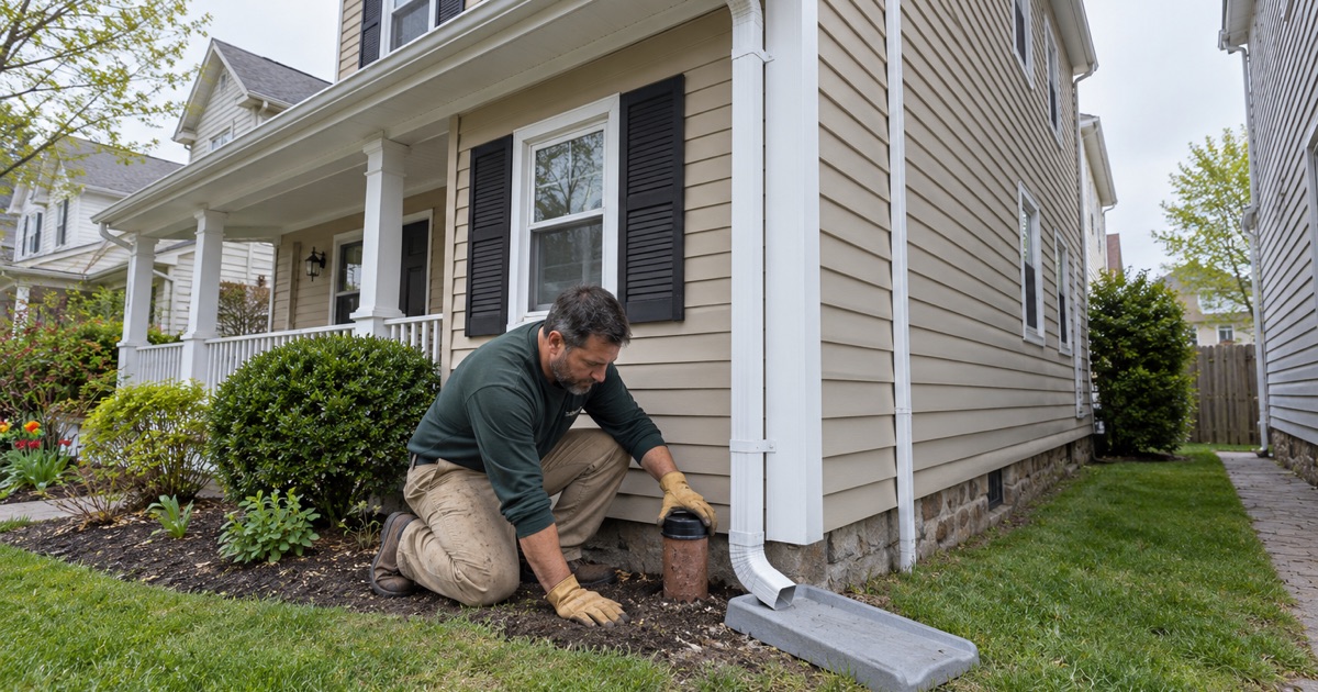 A downspout disconnected and turned onto the lawn on a narrow Roselle Park lot