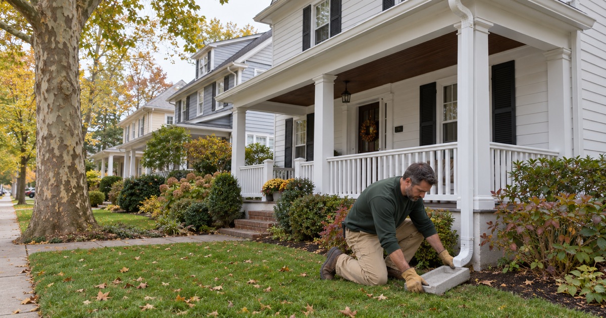 A splash block being set on the lawn under a downspout, well back from a protected street tree, at a prewar Rutherford house.