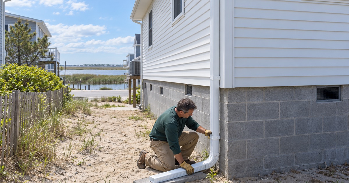 A long leader set onto a splash block at the foot of a raised bayfront house in South Amboy’s Harbour Village