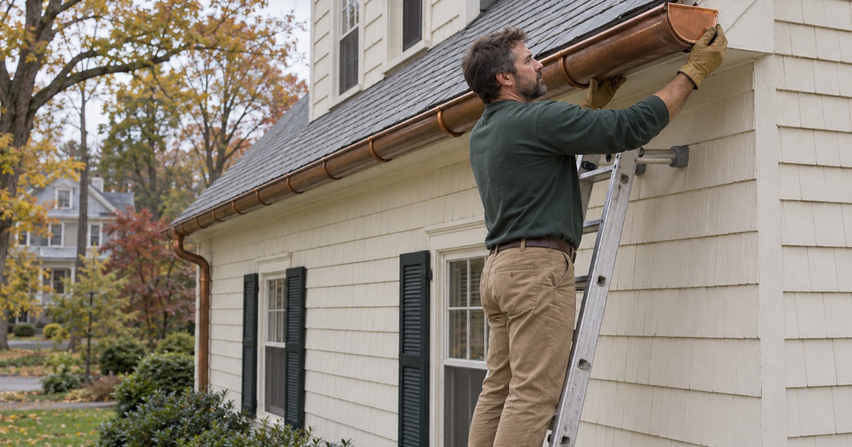 A copper end cap being fitted in kind on the half-round gutter of a slate-roofed Montrose Park house in South Orange.