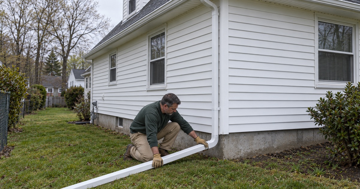 A long rigid downspout extension being seated to carry roof water off the foundation of a Springfield house near the Rahway River.