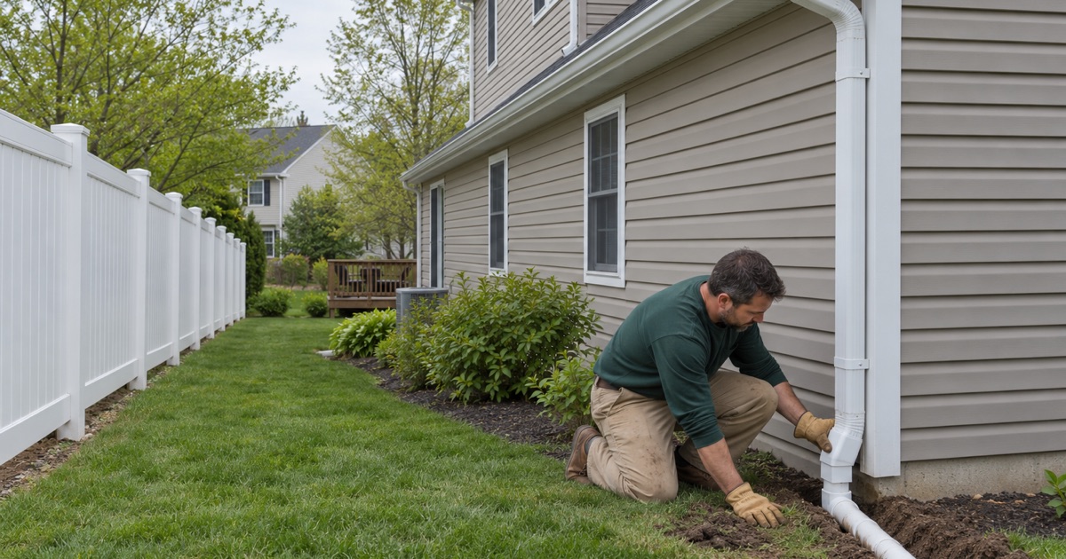 A downspout being joined to a buried drain line that runs past a fence set clear of the ground at a Tinton Falls house.