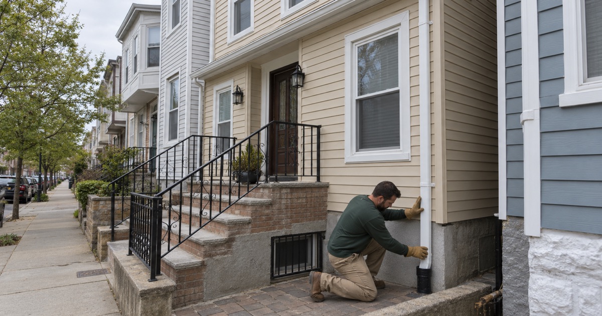 A leader’s lower length being seated into its cast iron boot at the stoop of a prewar two-family house in Weehawken.