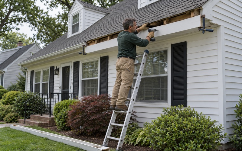 A new fascia board clamped to the rafter tails of a Middletown Township house, the gutter down while the rotted board is replaced.